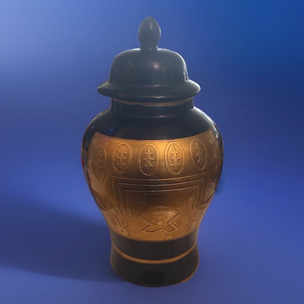 Contermporary Black Gold Raised Porcelain Chinese Lidded Ginger Jar 14in Tall